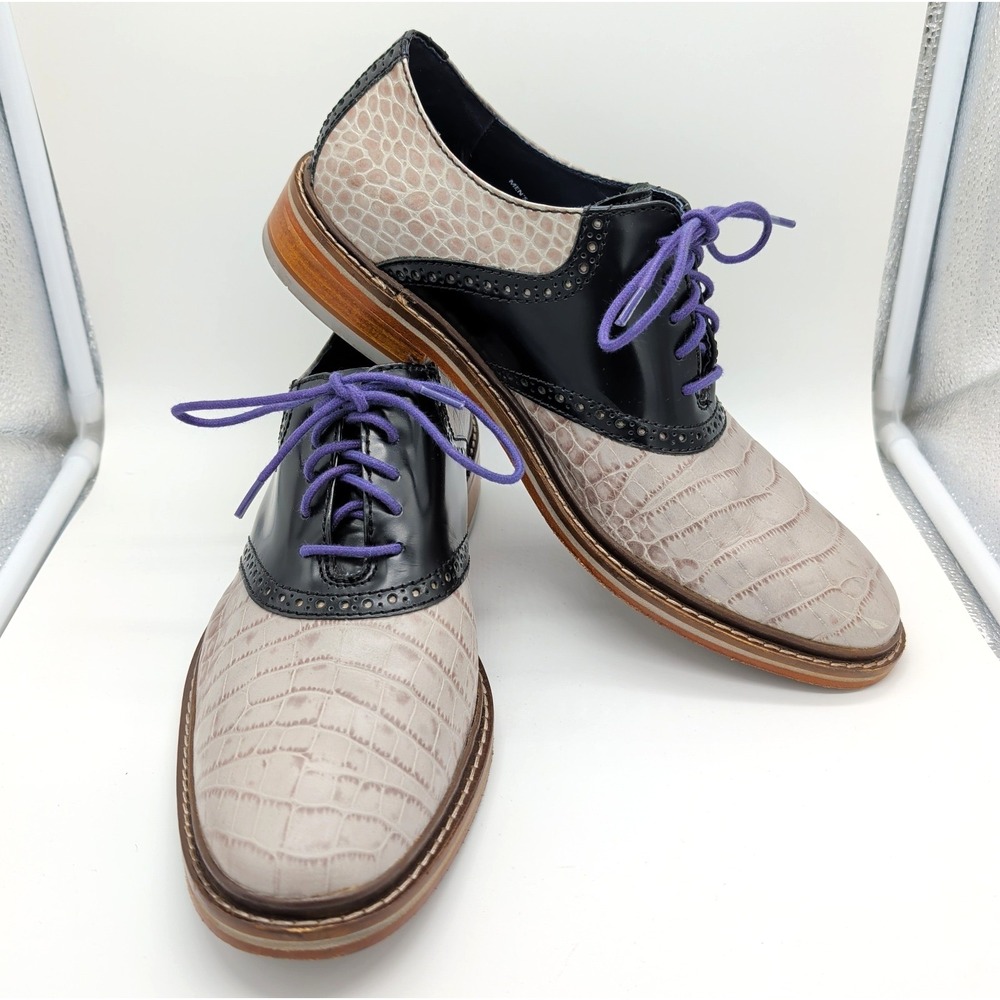 Gray Crocodile Embossed Black Cole Haan Colton Saddle Oxford Dress Shoes Sz 9.5
